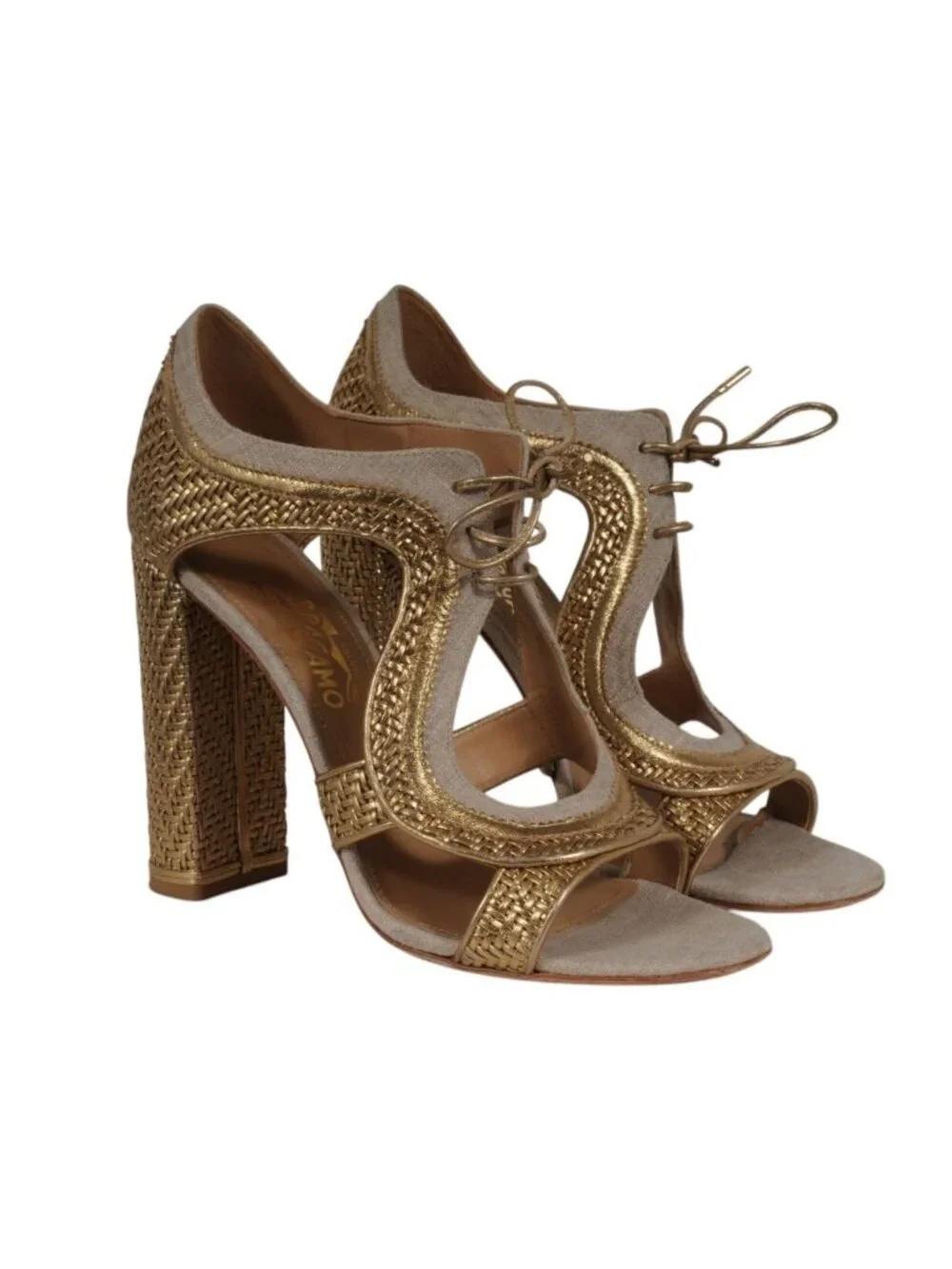 Salvatore Ferragamo Womens Twist Woven Lace Up Sandals Size US 10 Gold Tan Gold